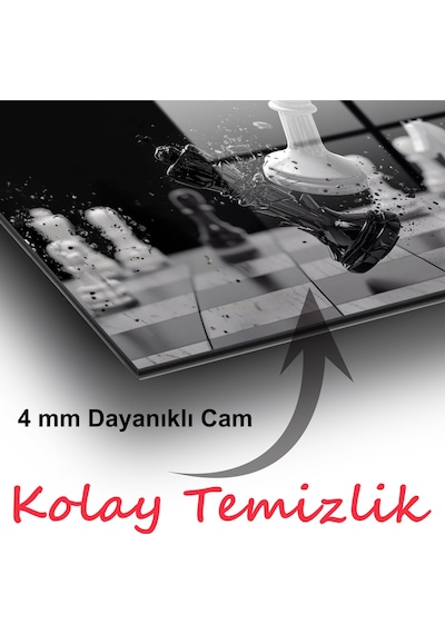 Satranç Şahların Savaşı Yatay Cam Tablo Ev Ofis Salon Duvar Dekoru Siyah Beyaz Hediyelik Büyük Tablo