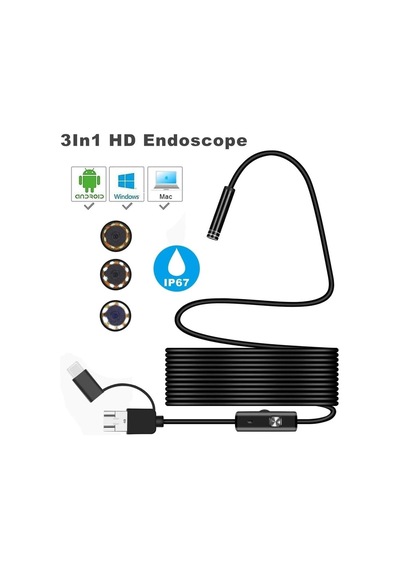 3'ü 1 Arada Endeskop Kamera Mikrofon Usb Ve Tip-c 6 Led Su Geçirmez 10 Metre Borescope Yılan Kamera Siyah 5 Metre