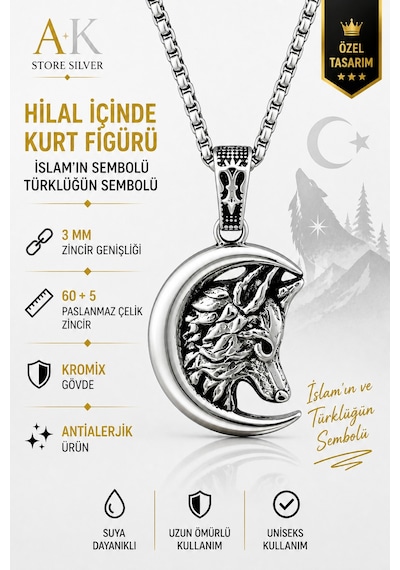 Erkek, Türklüğün Sembolü Hilal İçi Bozkurt Figürlü K-103 Paslanmaz Kromix Çelik Gümüş Kaplama Kolye Beyaz