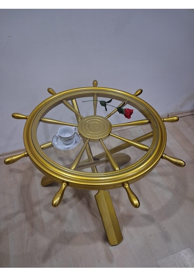 Orta Sehpa Dümen 90636 Model Ahşap Çapraz X Ayak Parlak Gold Lake Boya El Yapım Gold