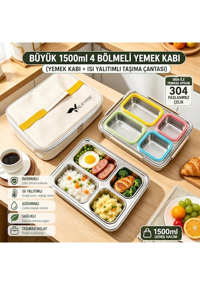 Valkyrie 1500 Ml 4 Bölmeli Paslanmaz Çelik Lunch Box Termal Çantalı 304 Çelik Sızdırmaz Yemek Kabı Çok Renkli