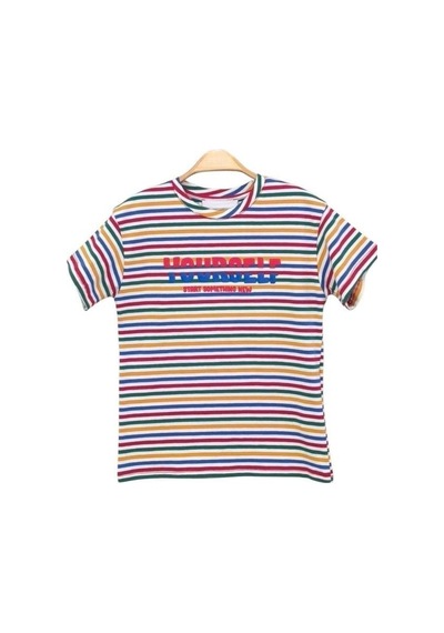 Cicihlid Çocuk Çizgili Pamuklu T-shirt-15895 Renkli