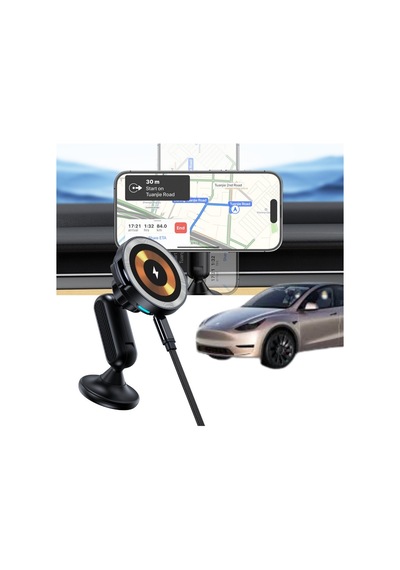 Tesla Model Y / Model 3 Magsafe Cep Telefonu Tutucu Ve Kablosuz Şarj Edici Mıknatıslı Siyah