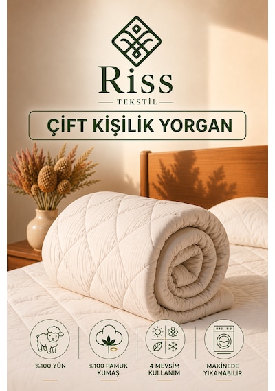 Riss Tekstil Çift Kişilik %100 Kuzu Yünü Yorgan 195cm X 215cm ,3500gr Beyaz