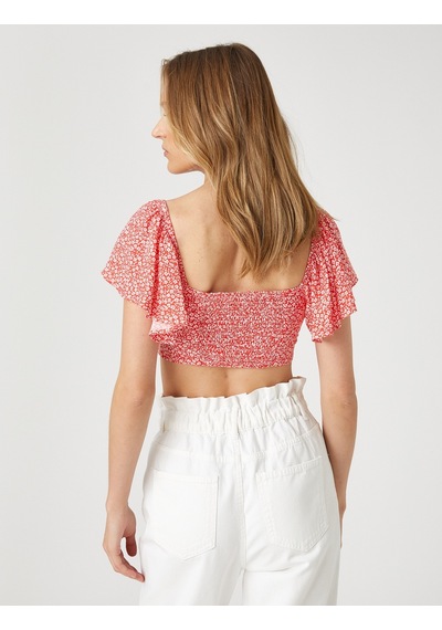 Koton Çiçekli Crop Bluz Büzgü Detaylı Kolları Volanlı Turuncu Desenli 2sak60266pw 2SAK60266PW19E