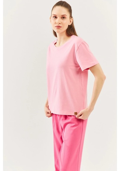 Kadın Oversize Rahat %100 Pamuklu Penye Bisiklet Yaka Kısa Kol Basic T-shirt Pembe