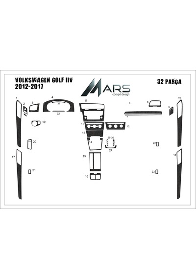 Volkswagen Golf 7 Torpido Kaplama 2012 - 2016 32 Parça Full Set Koyu Meşe