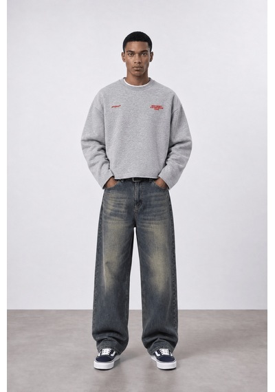 Respire Erkek Cake Baskılı Pis Dikiş Detaylı Oversize Sweatshirt Gri Melanj