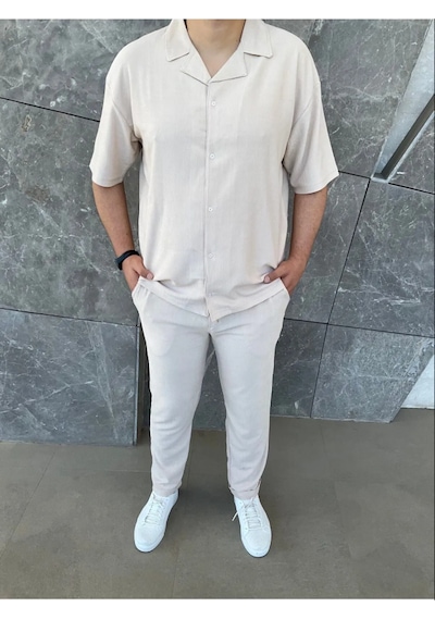 Lulikwear Erkek Baggy Pantolon ve Gömlek Takım Bej