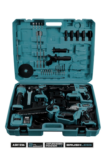 Assur ASR1226 21V 5'li Set Kırıcı Delici Hilti + Taşlama + Somun Sıkma Sökme + Testere + Akülü Vidalama Mavi
