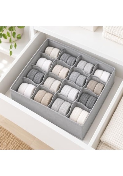 Deconox 6 Bölmeli Fermuarlı Kapaklı Bez Organizer 32 X 15 X 10 Cm, Katlanabilir Çekmece Ve Dolap İçi Düzenleyici, Tekli
