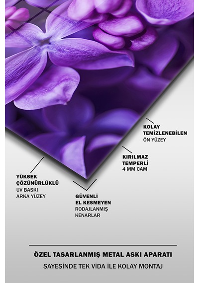 Mor Leylak Dekoratif Yatay Cam Tablo