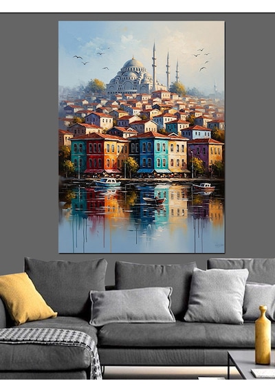 Ahşap Tablo Deniz Kenarında Renkli Şehir Evleri