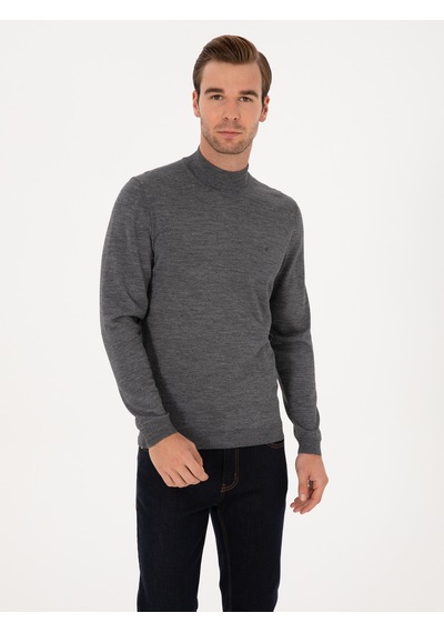 Cacharel Füme Slim Fit Yün Karışımlı Yarım Balıkçı Basic Triko Kazak Gri