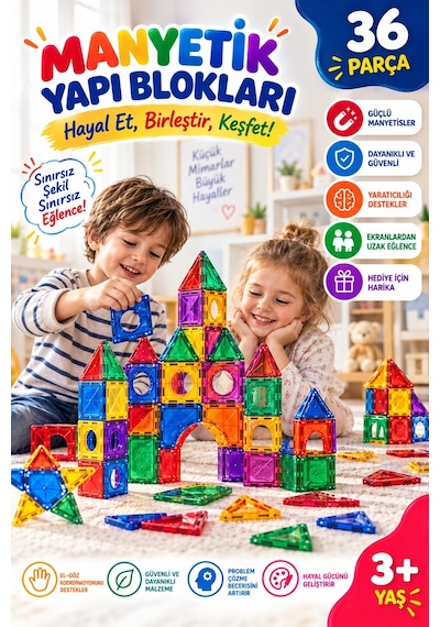 36 Parça Manyetik Blok Seti Çocuk Eğitici Manyetik Yapı Oyuncağı Zeka Geliştirici Yapı Blokları 3 Yaş Ve Üzeri