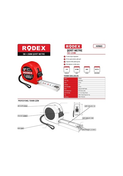 Rodex 5 Metre 25 Mm Kırmızı Şerit Metre 5 M