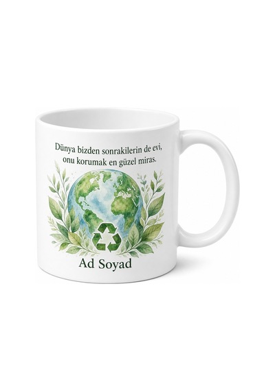 Geri Dönüşüm Çevre Bilinci Yeşil Yaprak Sürdürülebilir Dünya Baskılı Kupa Bardak Hediye Beyaz / Çok Renkli