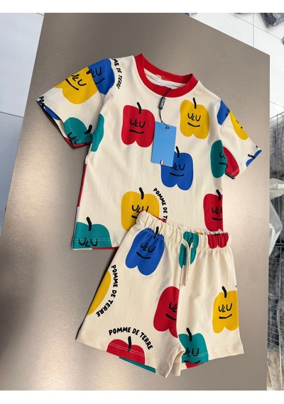 Magu Çocuk Pamuklu Elma Desenli T-shirt Şort Takım Çok Renkli