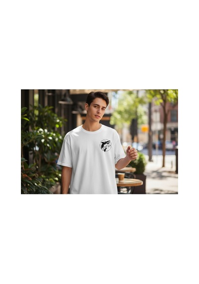 Urbantrendstore Unisex Köpekbalığı Baskılı Casual İçin Sade Basic Yazlık Beyaz Tshirt Oversize Fit Rahat Geniş Salaş T-shirt Günlük Tişört