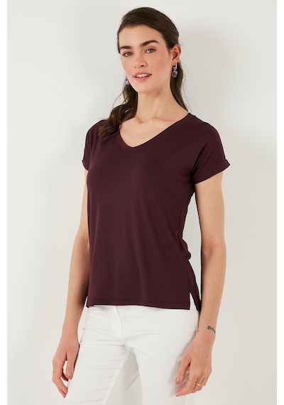 Lela V Yaka Relaxed Fit Yırtmaç Detaylı 2'Li Paket Bayan Bluz 5862000S2 Siyah-Vişne