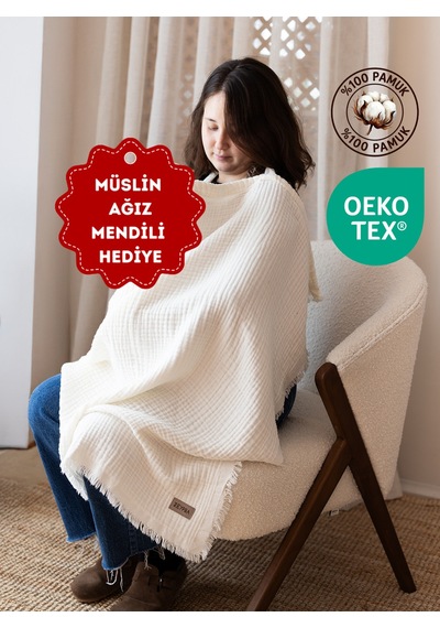 Zeypba 4 Katlı Müslin Emzirme Örtüsü & Puset Örtüsü Püsküllü 90x110 CM Ekru
