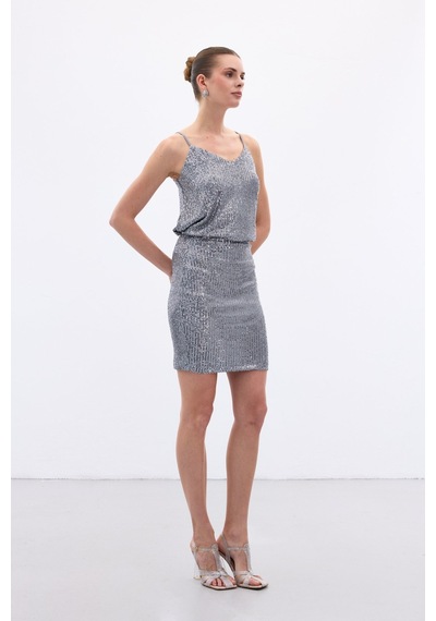 Sateen Payetli Mini Etek - Gri-136650 Gri