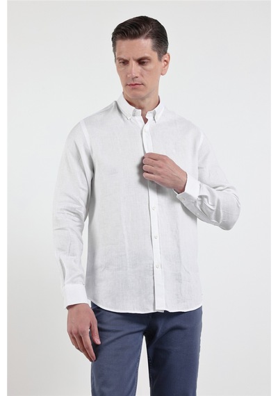 İmza Beyaz Keten Düğmeli Yaka Uzun Kol Cepsiz Slim Fit Keten Gömlek 1004260161 M