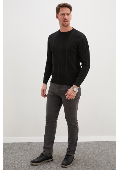 Fullamoda Fitilli Bisiklet Yaka Regular Fit Triko Kazak Siyah