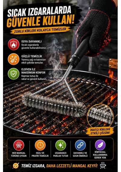 2 Adet Barbekü Mangal Izgara Temizlik Fırçası Paslanmaz Çelik Tel Ergonomik Saplı Izgara Fırçası