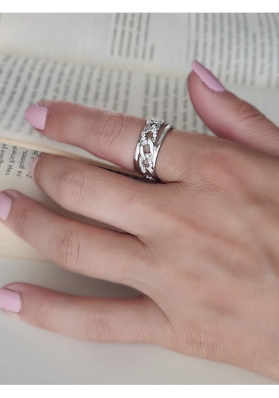 Gurmet Zincir Model Zirkon Taşlı Ayarlanabilir Silver Gümüş Renkli Yüzük Silver