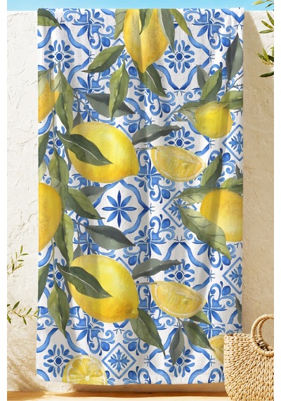 Limon Temalı Akdeniz Çini Plaj Havlusu - Tropikal Modern Mavi Sarı Hızlı Kuruyan Mikrofiber Havlu Gölgeli Mimoza Limon Temalı Akdeniz Çini Plaj Havlusu - Tropikal Modern Mavi Sarı Hızlı Kuruyan Mikrofiber Havlu Gölgeli Mimoza