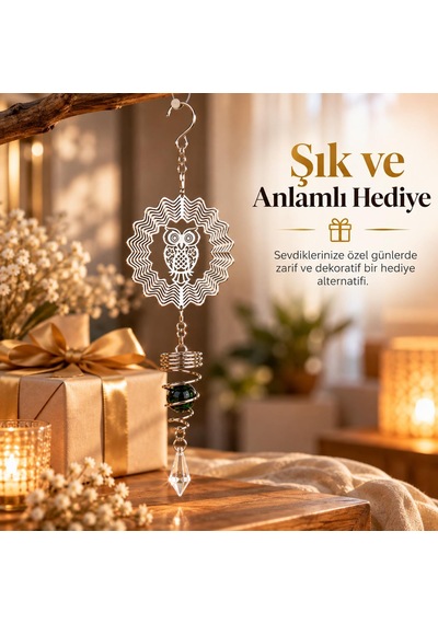 Baykuş Desenli Dekoratif Rüzgar Çanı 36 Cm Metal Gövdeli Kristal Sarkıtlı Balkon Bahçe Pencere Süsü