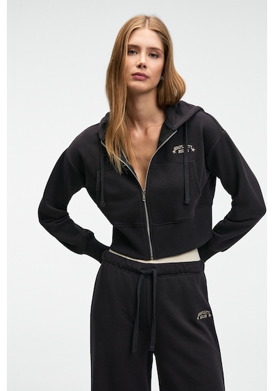 Grımelange Elara Kadın Metal Fermuarlı Nakışlı Kapüşonlu Crop Antrasit Sweatshirt Antrasit