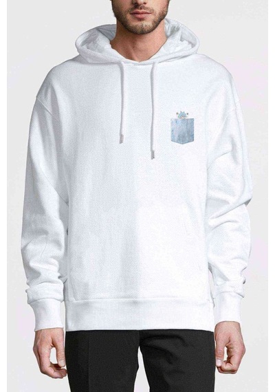 Rick Cep Baskılı Beyaz Erkek Örme Kapşonlu Sweatshirt