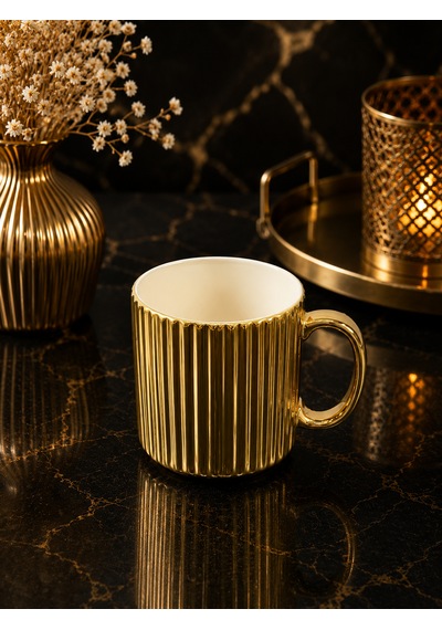 Porselen Gold Gümüş Lüsterli Çizgili Çay Kahve Kupası Bardak Kupa 350ml