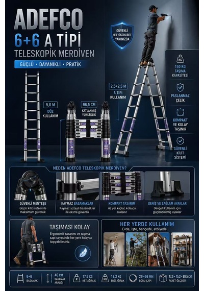 6+6 Basamak Paslanmaz Çelik Teleskopik Merdiven 5 Metre A Tipi Katlanabilir Uzayan Merdiven -