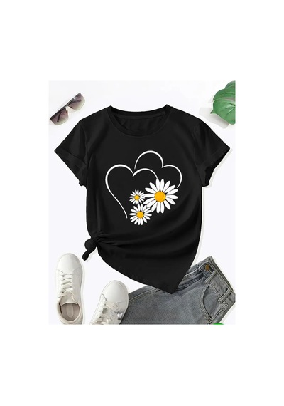 Medinenur Papatya Ve Kalp Baskılı Basic T-shirt Siyah