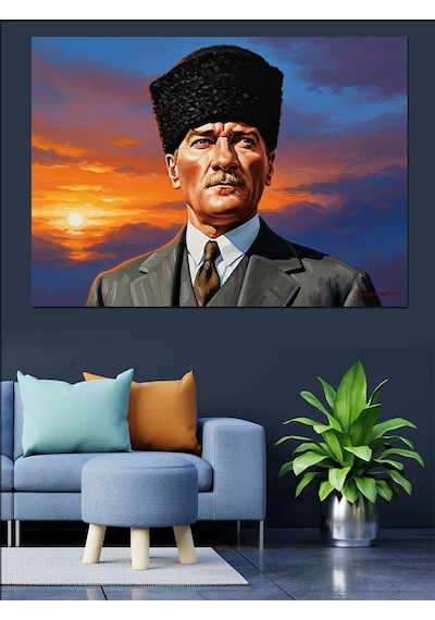 Kalpak Başlıklı Atatürk Portresi Ve Gün Batımı Dekoratif Kanvas - Mdf Ahşap Tablo