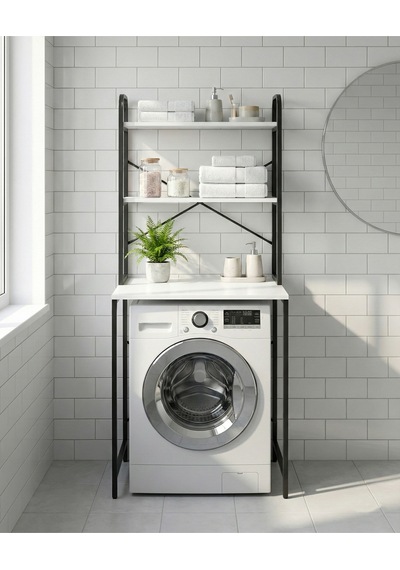 Çamaşır Makinesi Dolabı 2 Katlı Geniş Depolama Raf Ünitesi Metal Banyo Organizer Standı 293 Siyah Çok Renkli