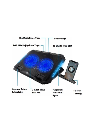 S900 Ayarlanabilir RGB Işıklı Laptop Soğutucu 2 Fanlı Notebook Bilgisayar Standı