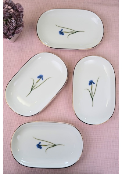 Tabak Evi Porselen Natura İris Altın Yaldızlı Oval Kayık Tabak 18x11x2,50cm 4 Lü Çok Renkli