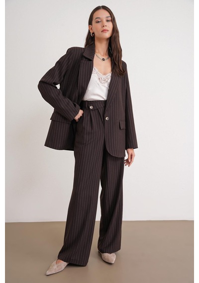 Mixray 4753 Kadın Çizgili Oversize Blazer Ceket Kahve