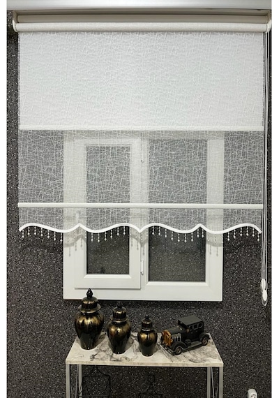 İncilifehome İcl1084 Çift Mekanizmalı Geometrik Desenli Tül Ve Stor Perde Kırık Beyaz Boncuklu Kırık Beyaz