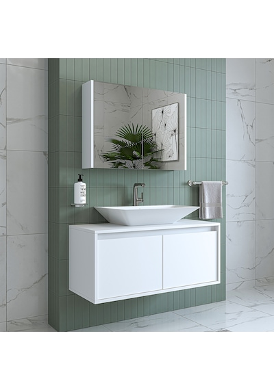 Banos Banyo Roomart Lavabolu Mat Beyaz Mdf 100Cm Banyo Dolap+Ayna Mat Beyaz