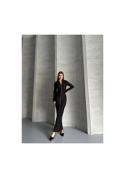 Asur Boutique Asur Butik Kadın Ottoman Kumaş Fermuarlı Uzun Elbise Siyah