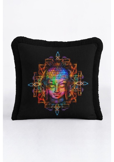 Spiritüel Zen Mandala Saçaklı Yastık Kılıfı - Meditasyon Temalı Bohem Siyah Püsküllü Kırlent Kılıfı Çok Renkli