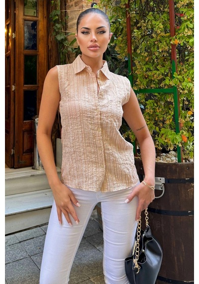 WeShaya Kadın Bej Çizgili Desen, Dokulu Bodrum Kumaş, Kolsuz Rahat Gömlek Bej
