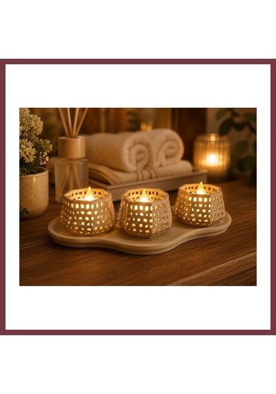 Storeşahin 3d Baskı Dekoratif Mumluk Seti - Desenli Tealight Ve Masaüstü Aydınlatma Objesi-bej Shn0720