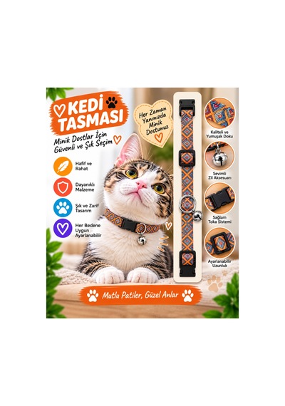 Kedi Tasması Turuncu Etnik Kilim Desenli Zilli Ayarlanabilir Klipsli Kumaş Kedi Boyun Tasması