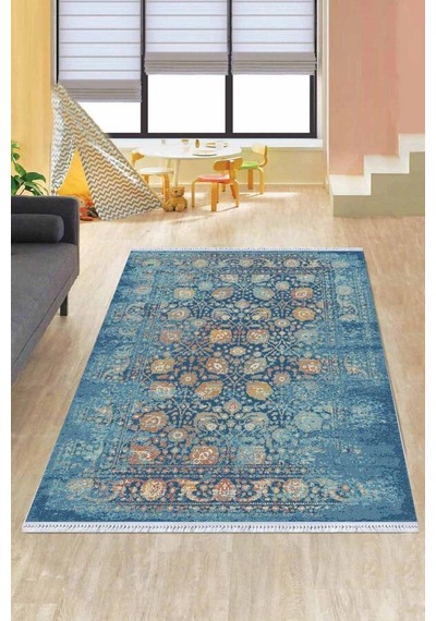 Mavi Modern Dokuma Pamuk Tabanlı Kaymaz Kilim Klm006n11